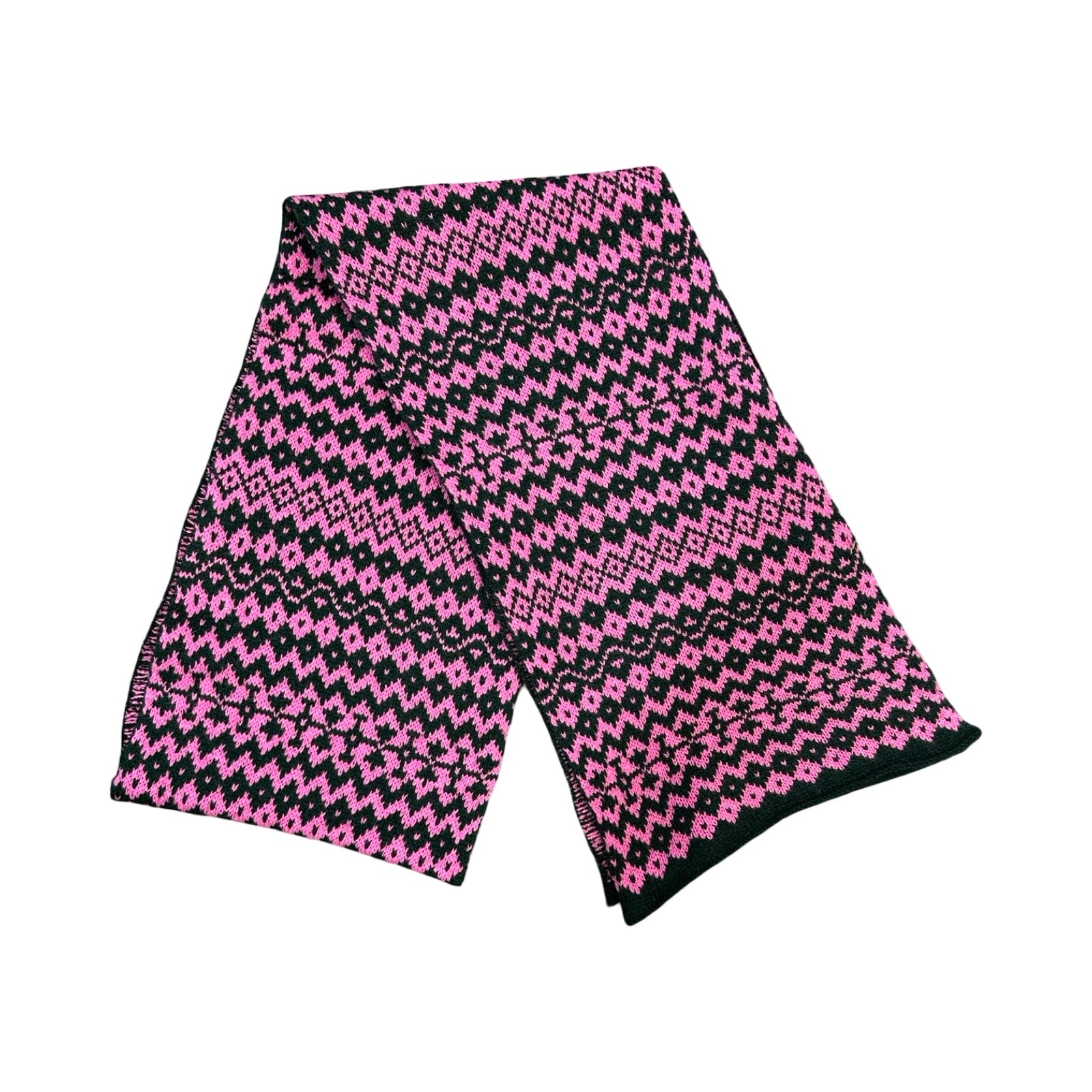 A super soft and cosy 100% lambswool knitted scarf with a pink and dark fir green geometric design.