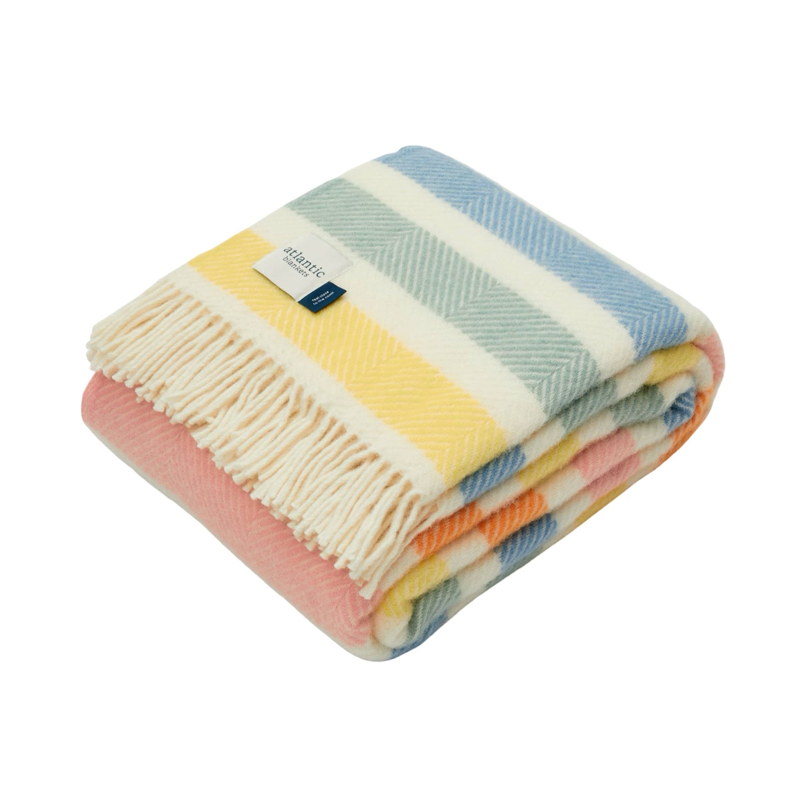 Striped wool blanket with yellow, green, blue, pink and cream stripes with cream fringing.