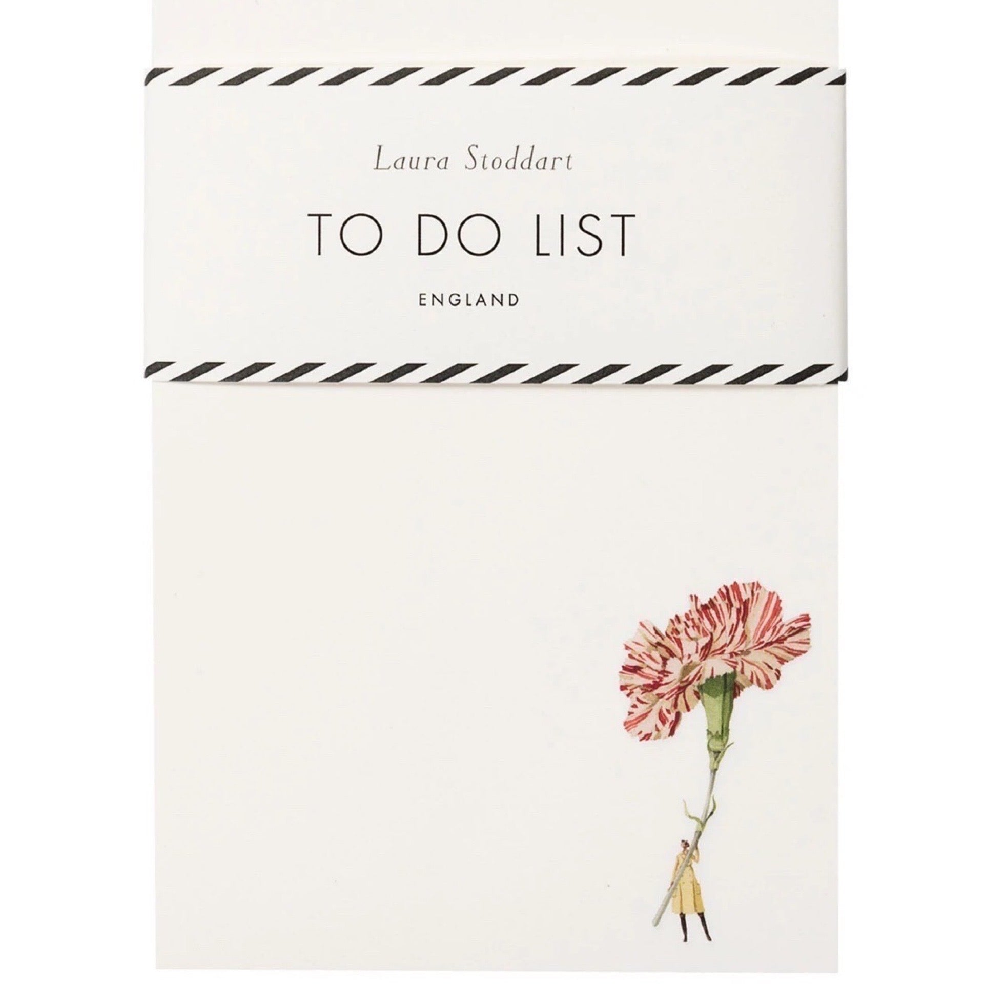 List pad featuring an illustration in the bottom corner of a lady holding a giant red and white carnation with belly band.