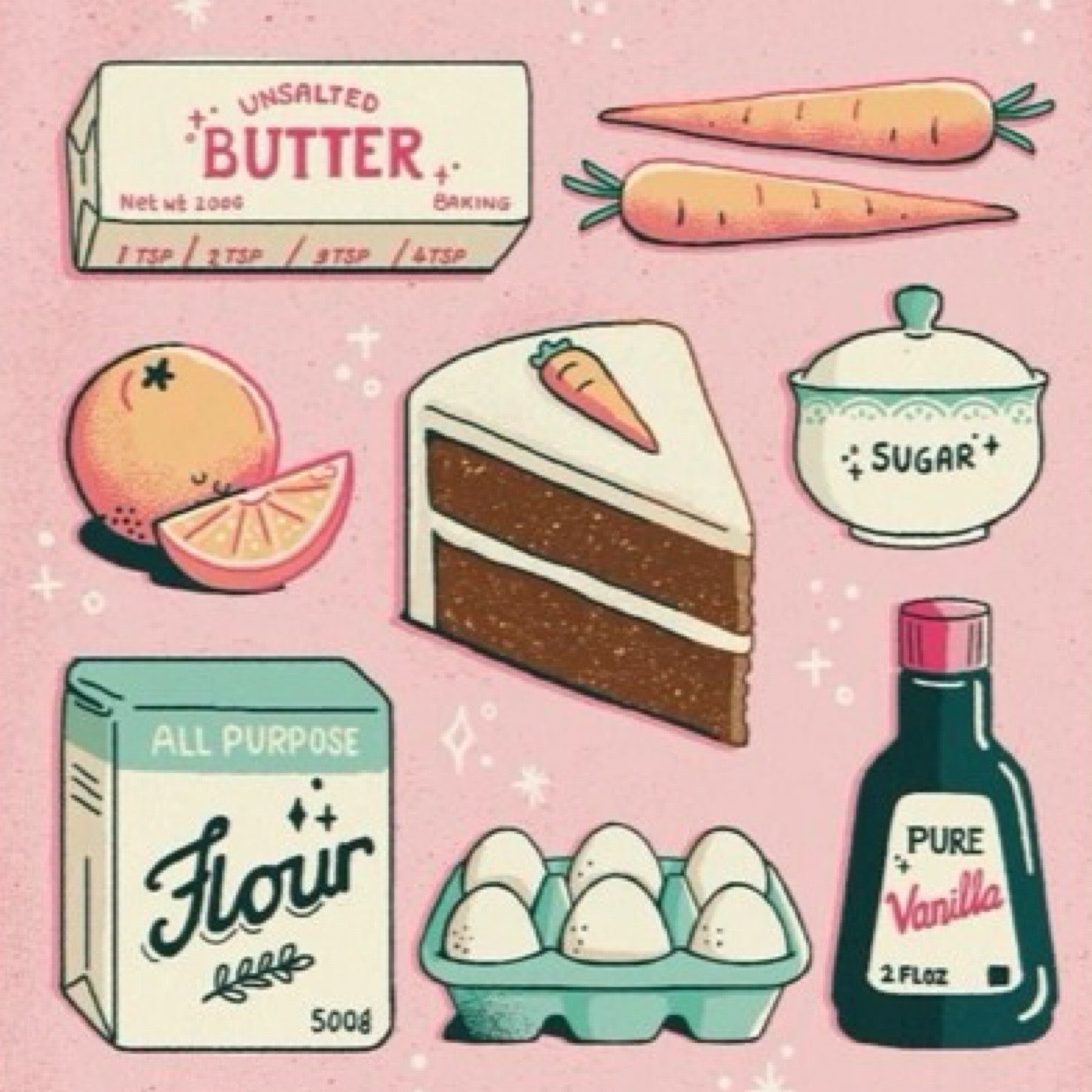 Print featuring illustrations of the ingredients to make carrot cake on a pale pink background.