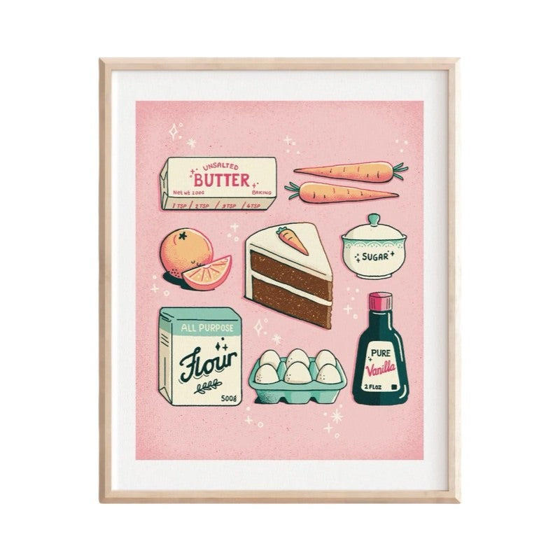 Print featuring illustrations of the ingredients to make carrot cake on a pale pink background.
