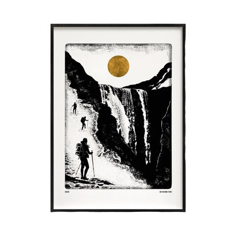 Black and white print featuring a group of hikers out walking up the side of a beautiful waterfall, with a mustard-coloured moon in the sky.