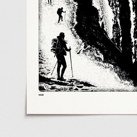 Black and white print featuring a group of hikers out walking up the side of a beautiful waterfall, with a mustard-coloured moon in the sky.