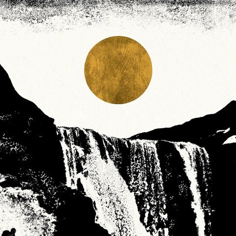 Black and white print featuring a group of hikers out walking up the side of a beautiful waterfall, with a mustard-coloured moon in the sky.