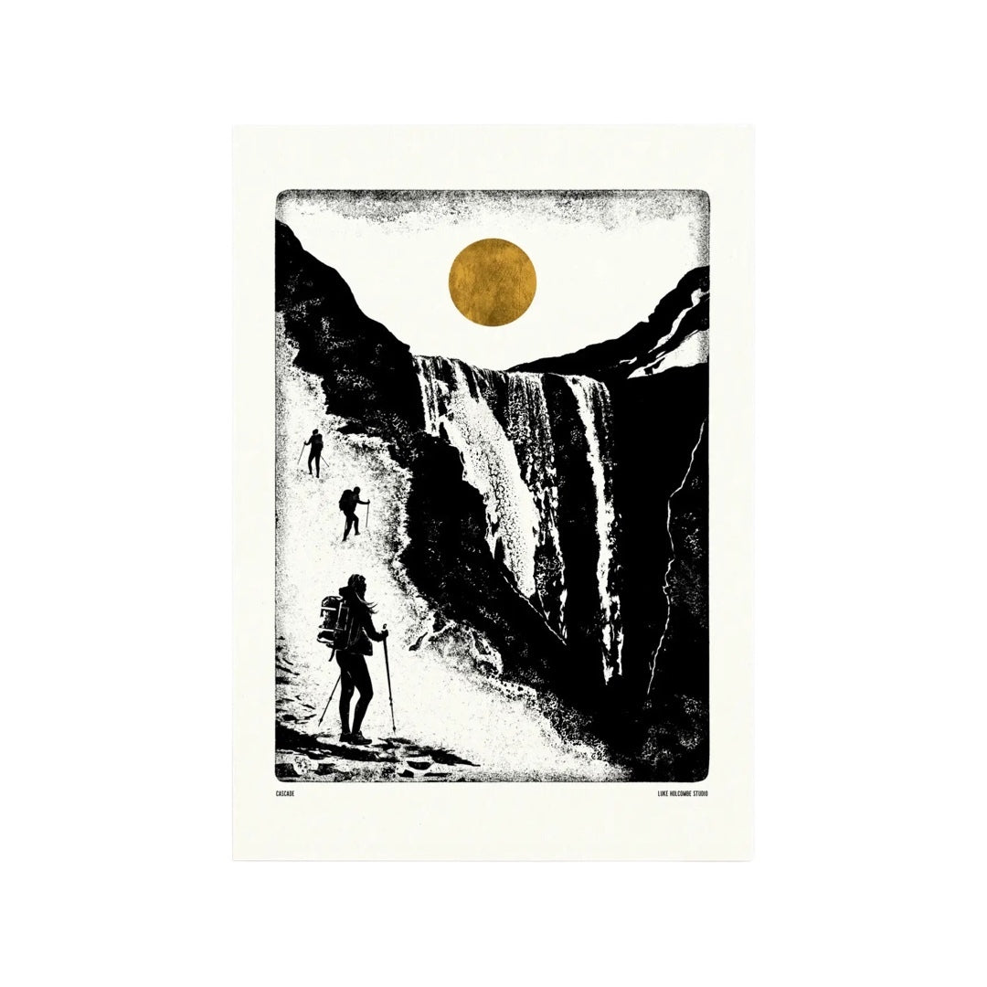Black and white print featuring a group of hikers out walking up the side of a beautiful waterfall, with a mustard-coloured moon in the sky.