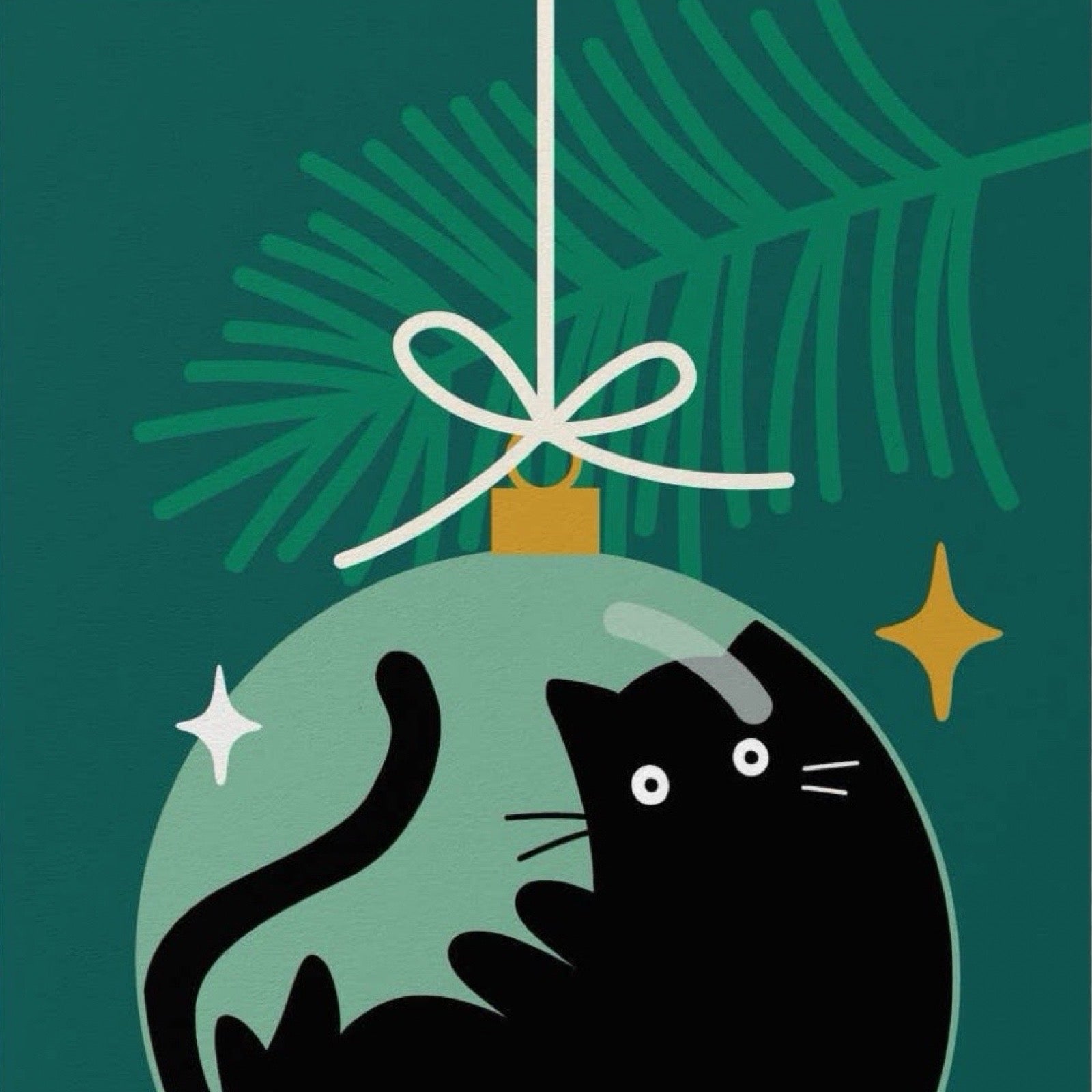 A stylised holiday illustration of a black cat inside a pale green Christmas ornament, hanging against a dark teal background with pine leaves and star accents.