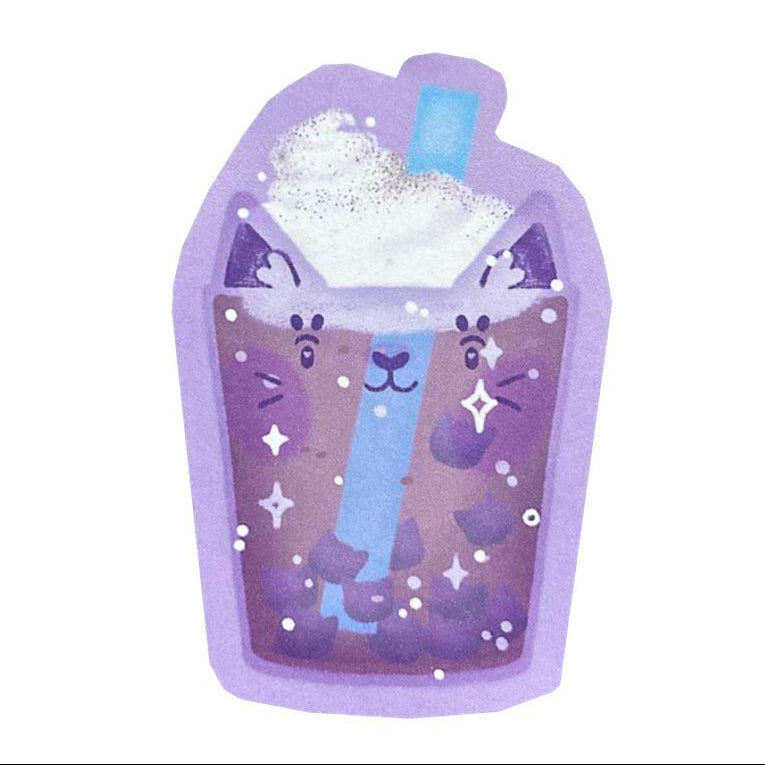 Photo of a purple sticker of a cat shaped bubble tea drink, with cream and cat shaped boba