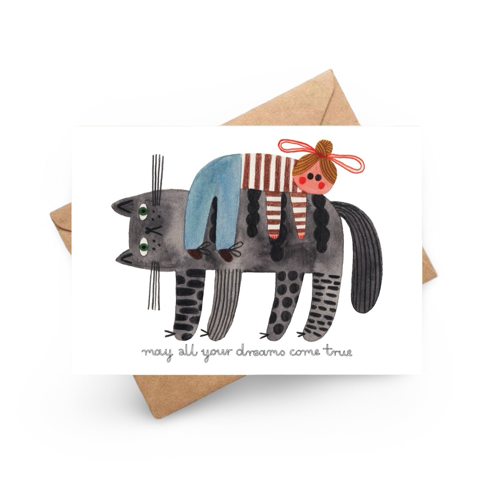 Greeting card with a cat illustration and text 'May all your dreams come true' on a white background.