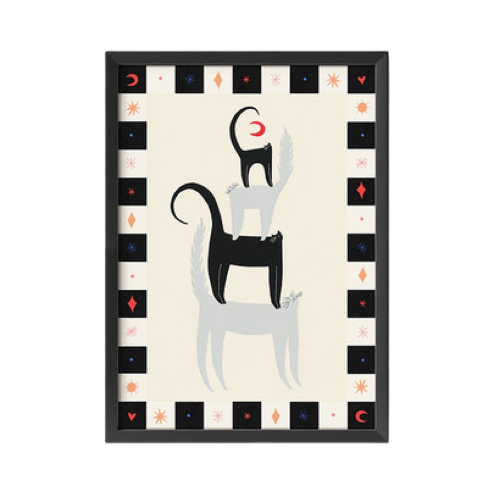 Cat Lovers print featuring four black and grey cats standing on top of each other with a black and white checked border.