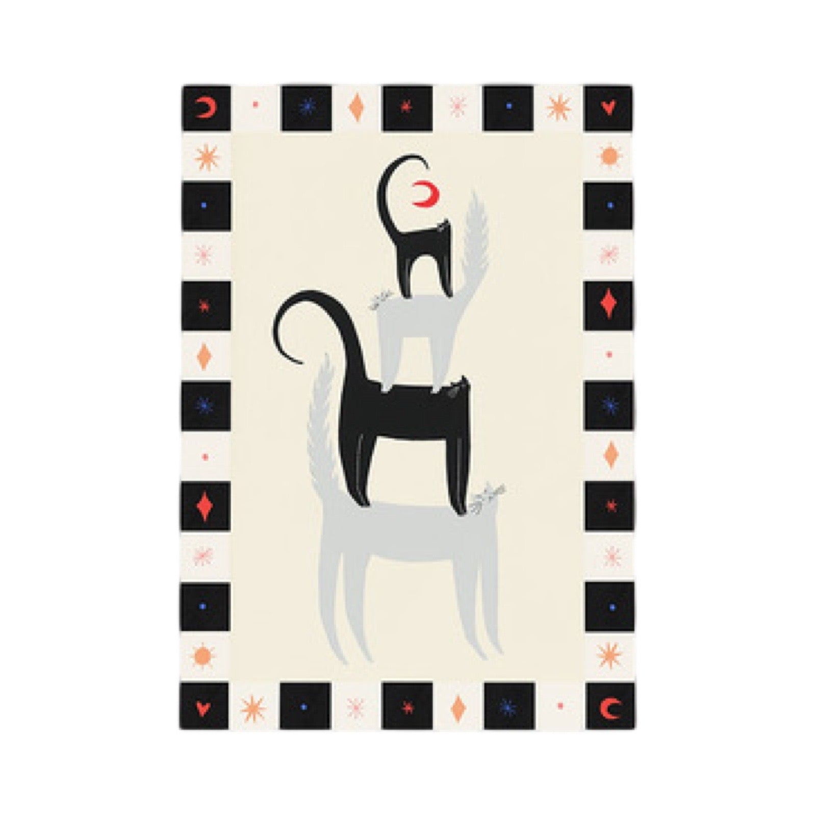 Cat Lovers print featuring four black and grey cats standing on top of each other with a black and white checked border.