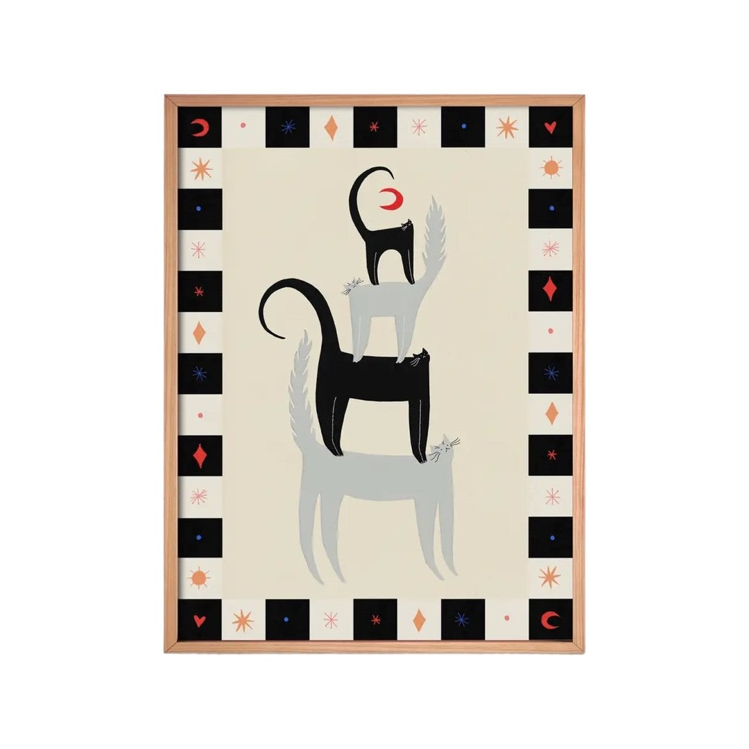 Cat Lovers print featuring four black and grey cats standing on top of each other with a black and white checked border.