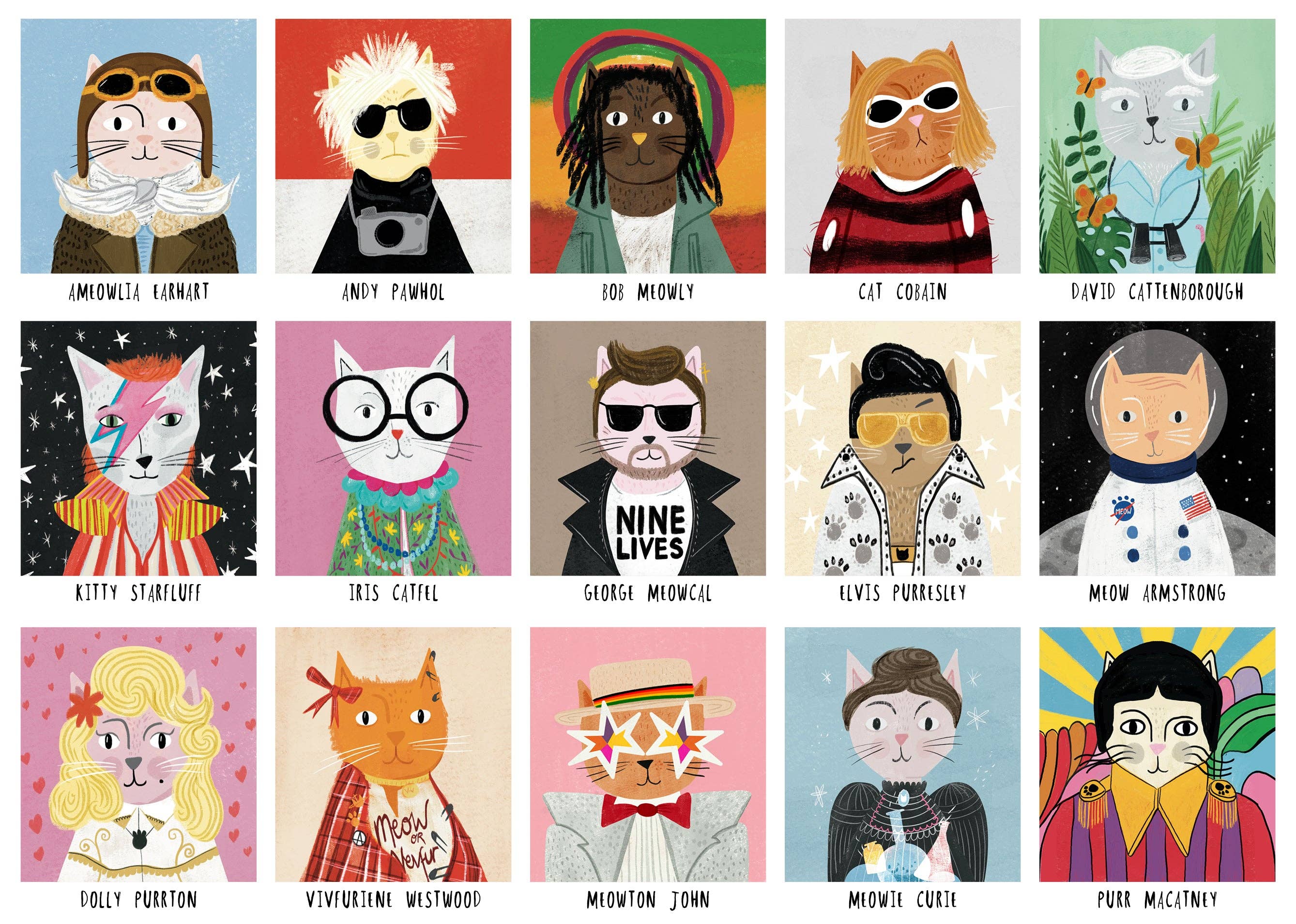 Illustrations of cats in various styles and outfits arranged in a grid.