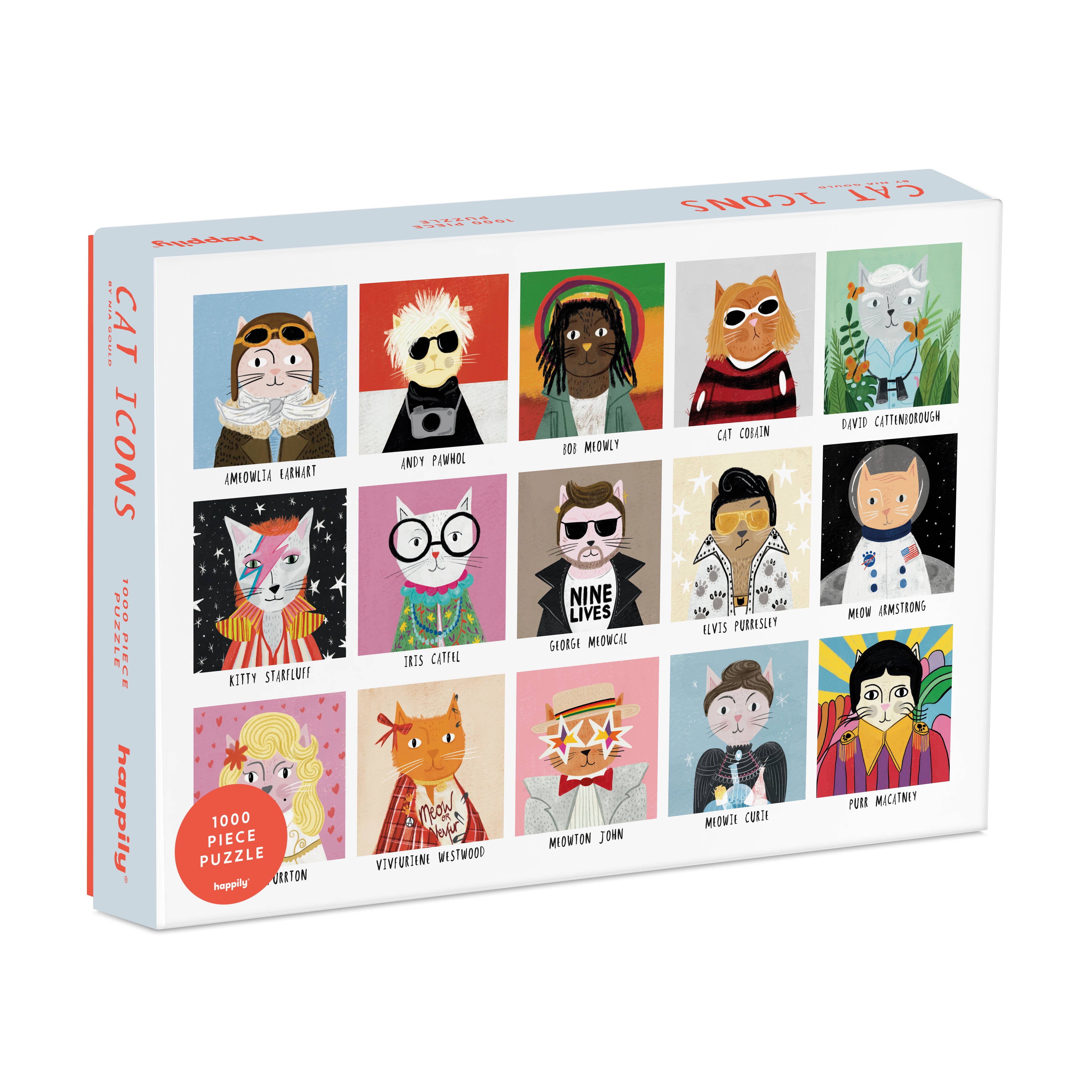 Box of a puzzle featuring illustrated cat characters with colorful backgrounds.