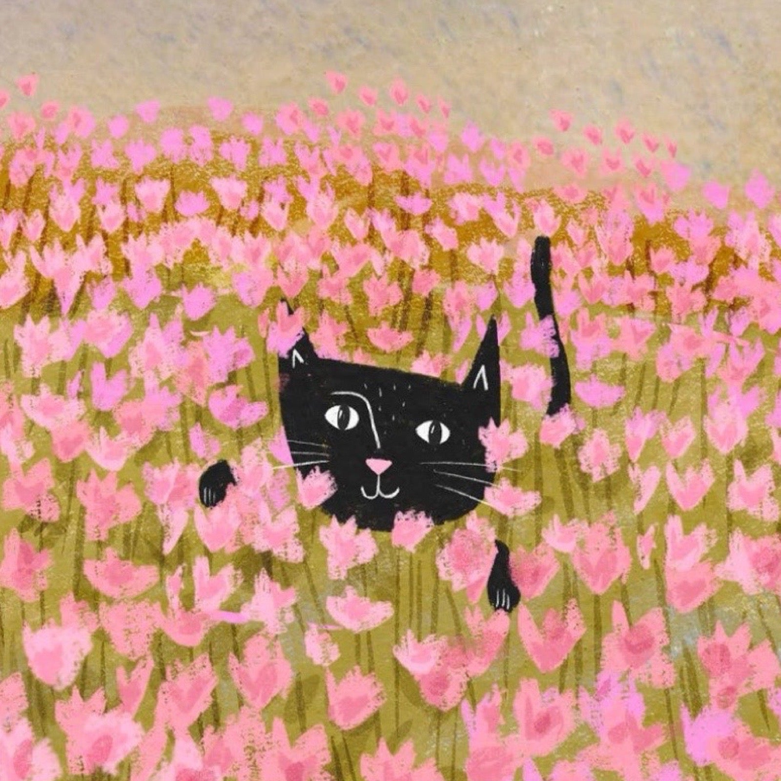 Illustration of a black cat amidst pink flowers.