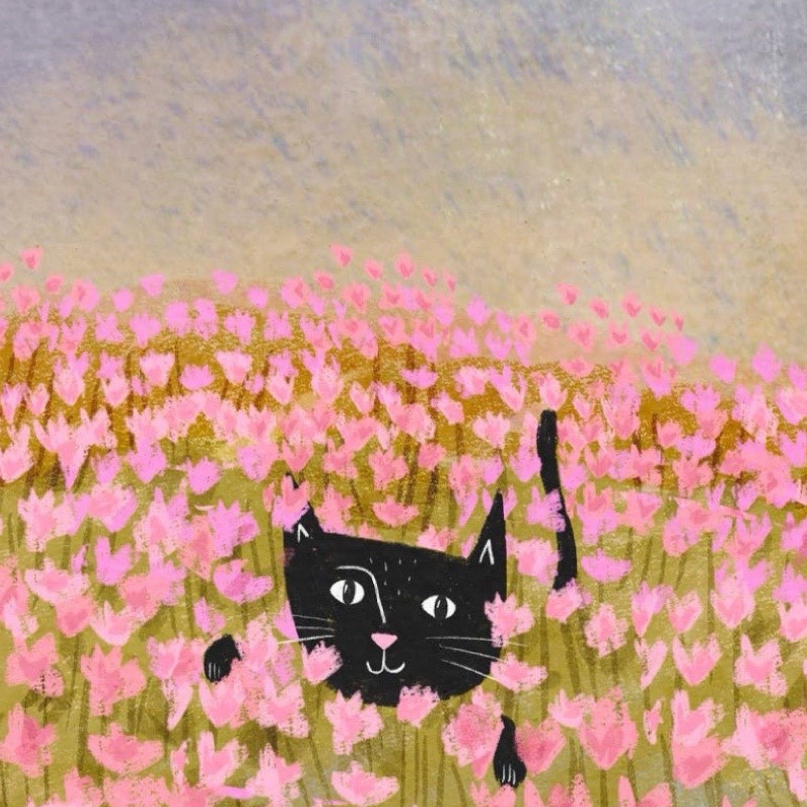 Illustration of a black cat among pink flowers.