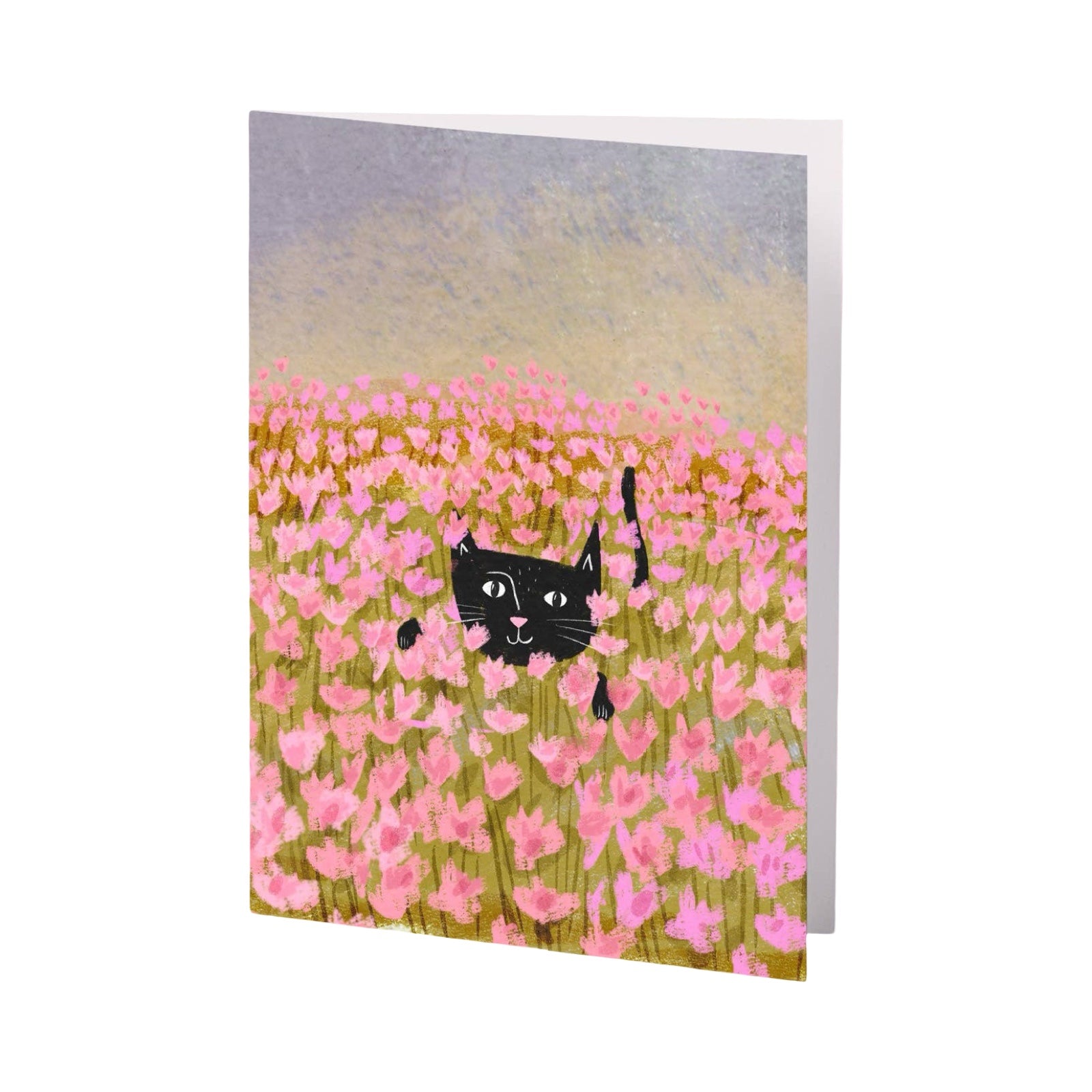 Greeting card with a black cat illustration in a field of pink flowers on a white background