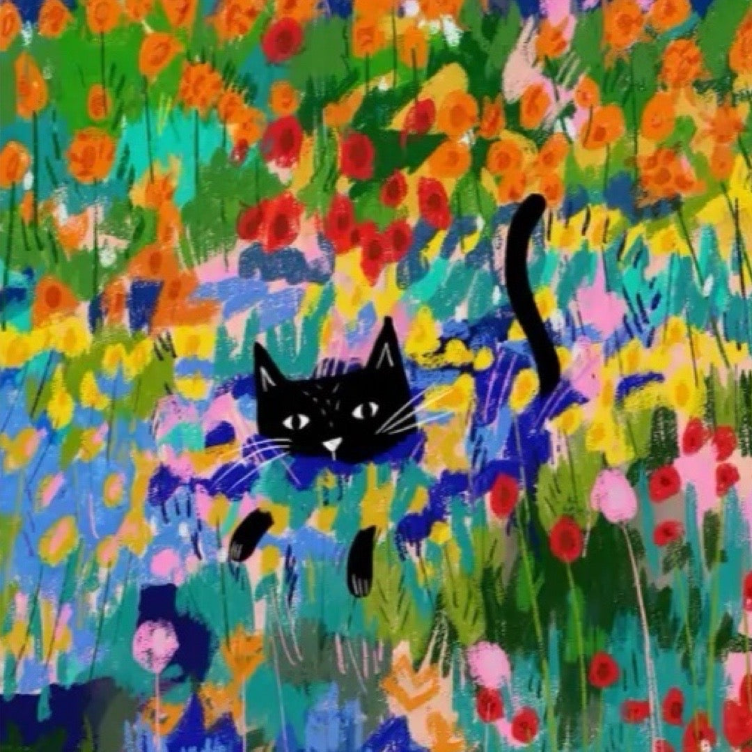 Cat card featuring an illustration of a cat hiding in the flowers in a garden, based on the Vincent Van Gogh painting 'The Garden at Arles'. 