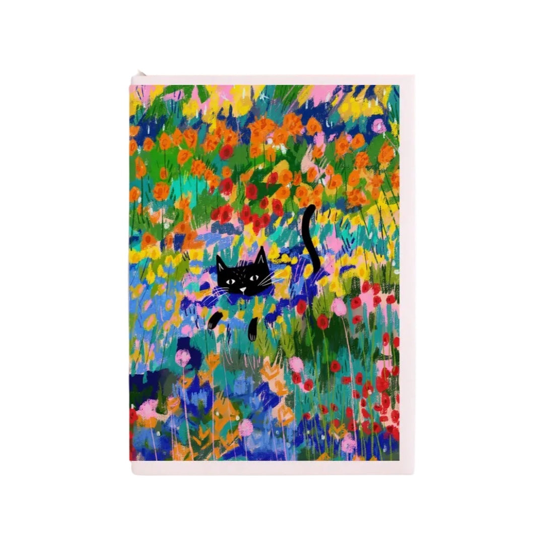 Cat card featuring an illustration of a cat hiding in the flowers in a garden, based on the Vincent Van Gogh painting 'The Garden at Arles'. 