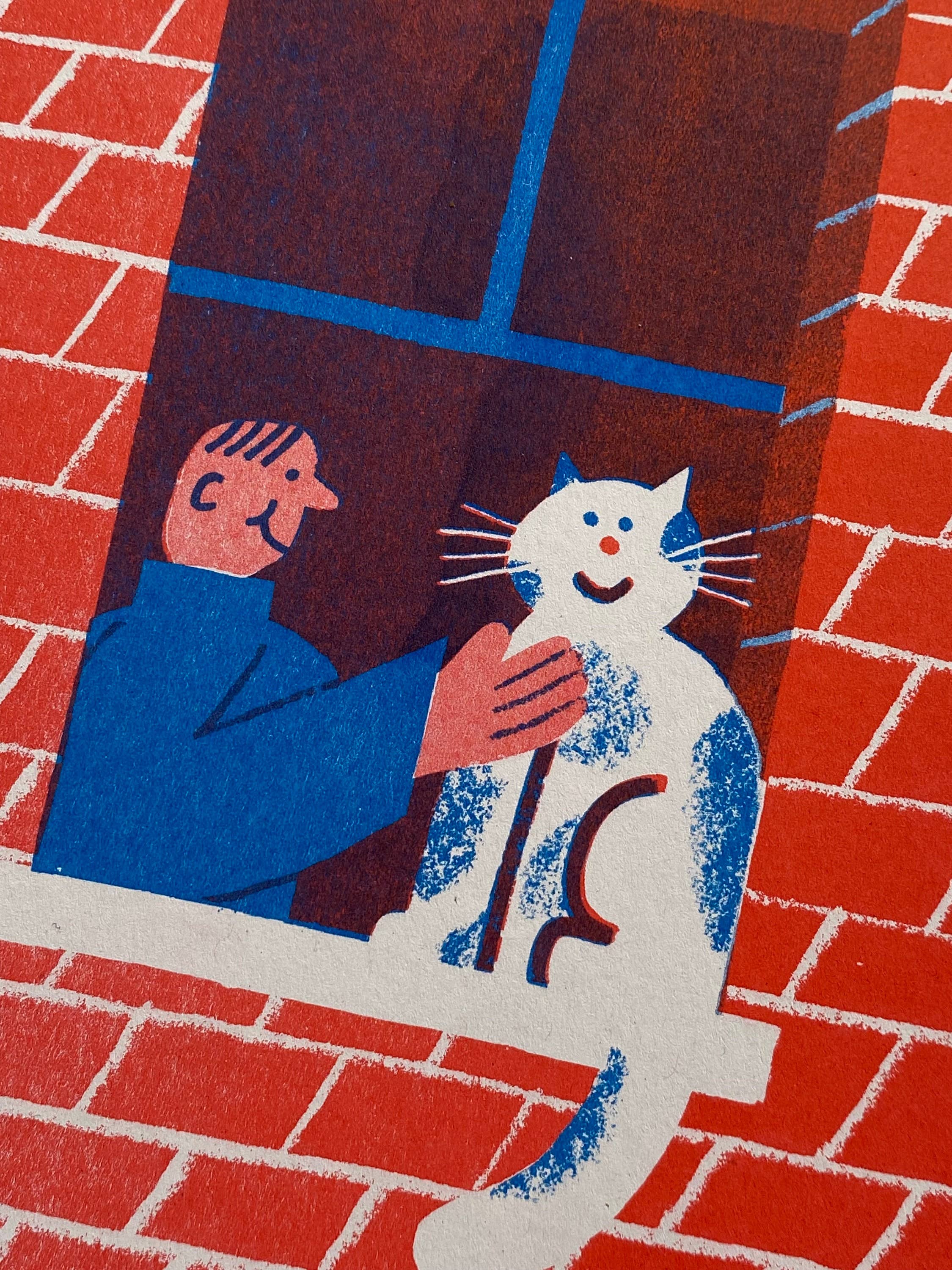 Illustration of a person holding a cat by a window with red bricks.