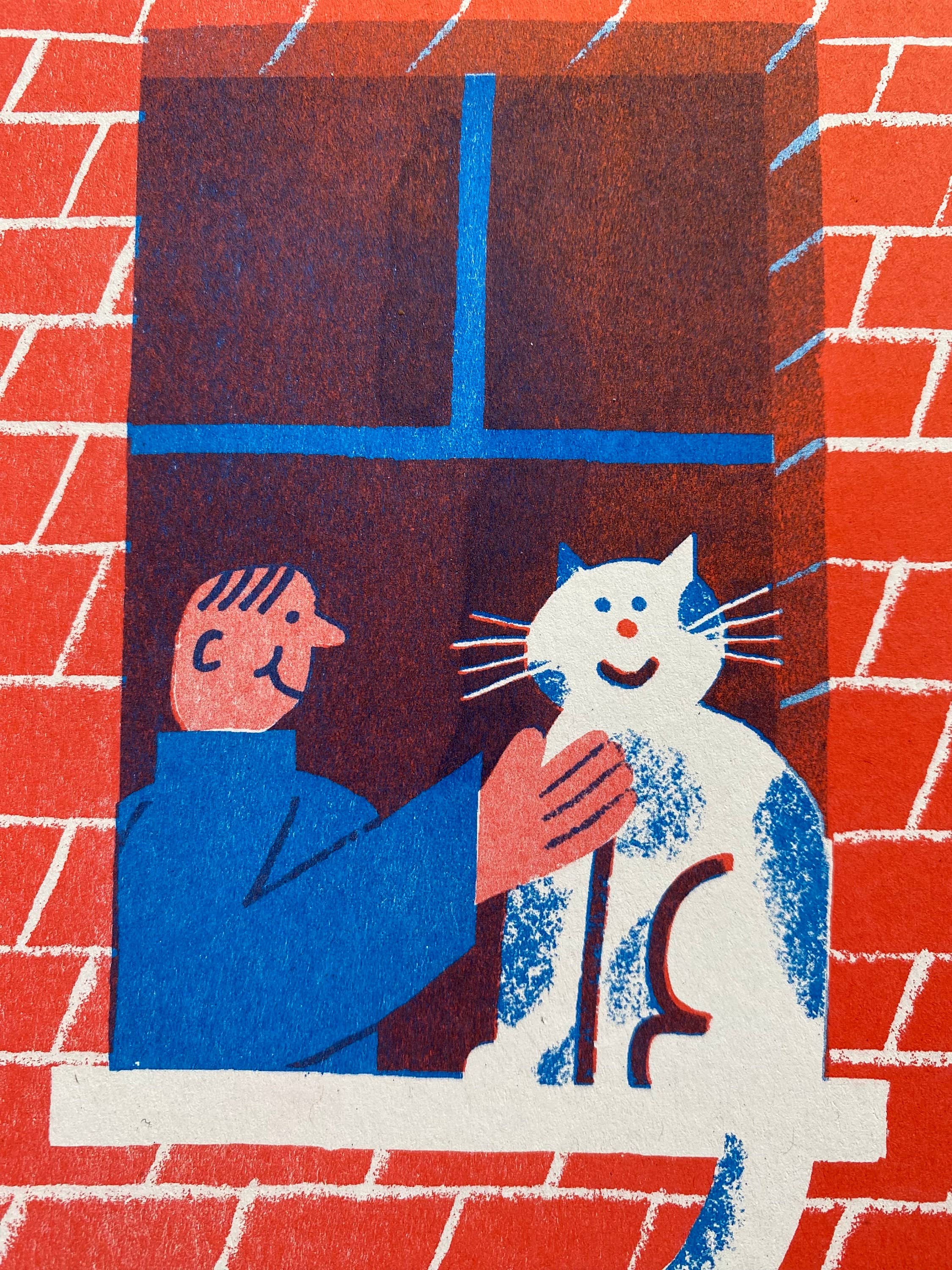 Illustration of a person holding a cat by a window with red brick walls.