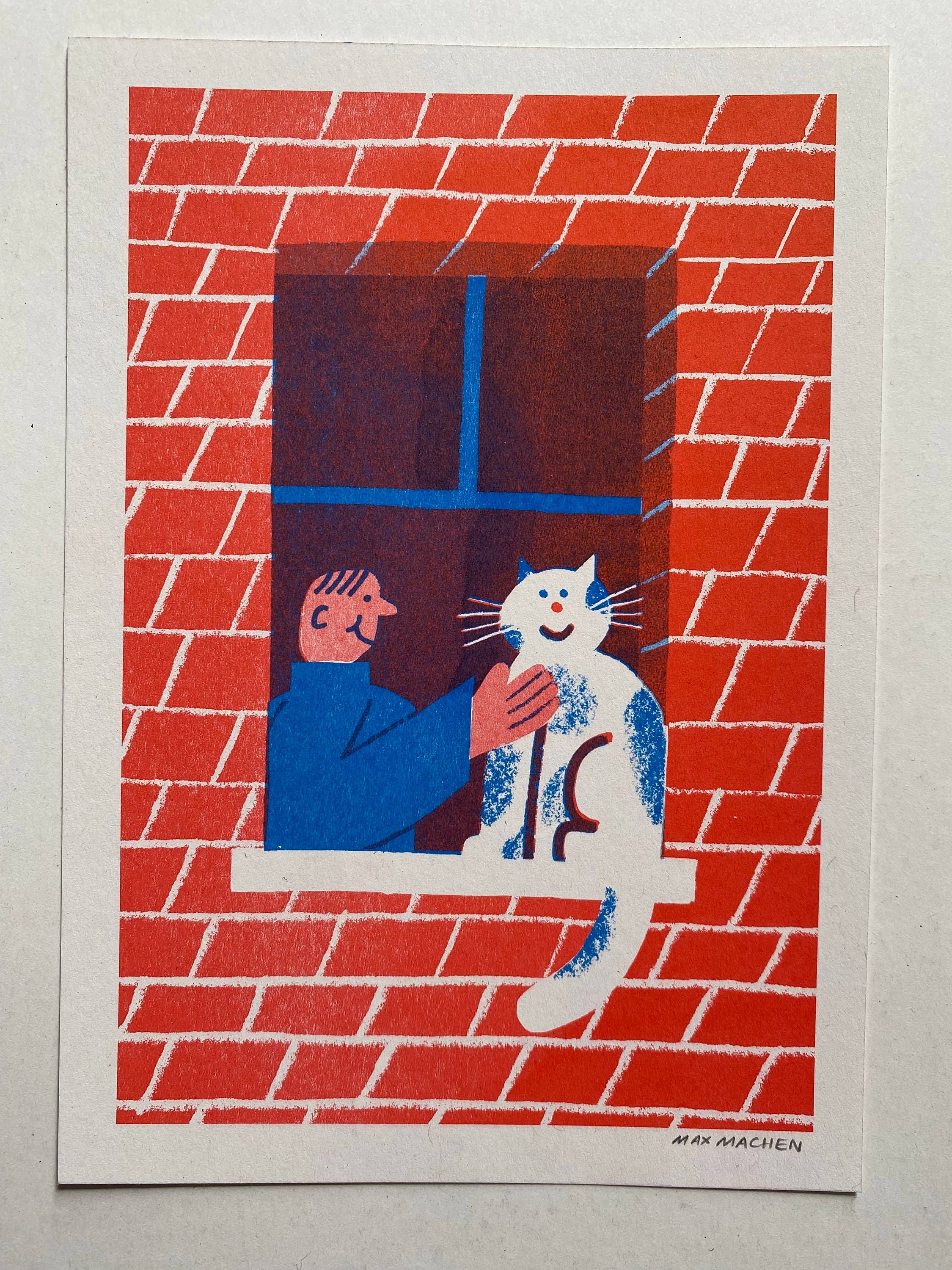 Illustration of a person holding a cat against a red brick wall with a window.