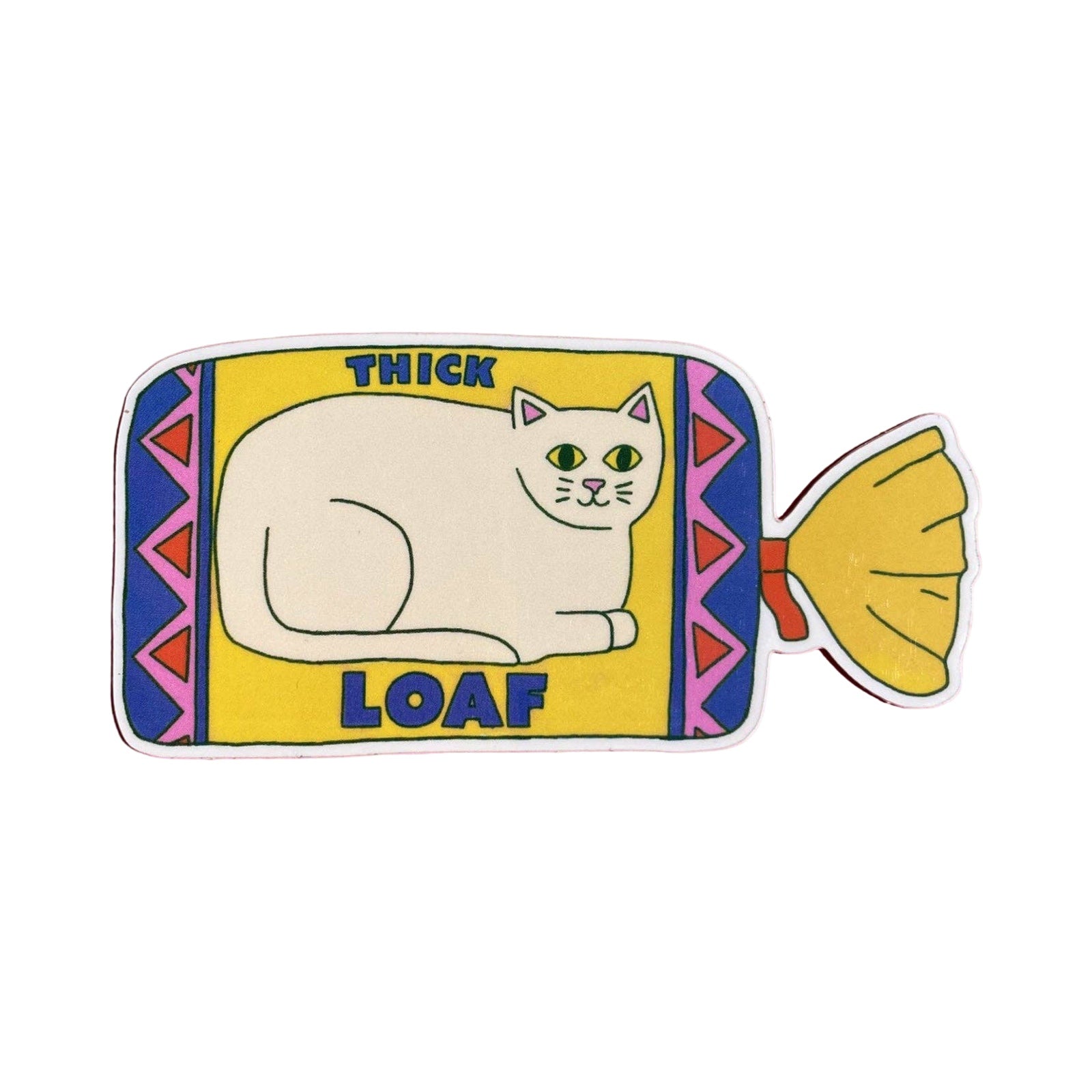 A vinyl sticker featuring a white cat on the side of the packaging on a loaf of bread.