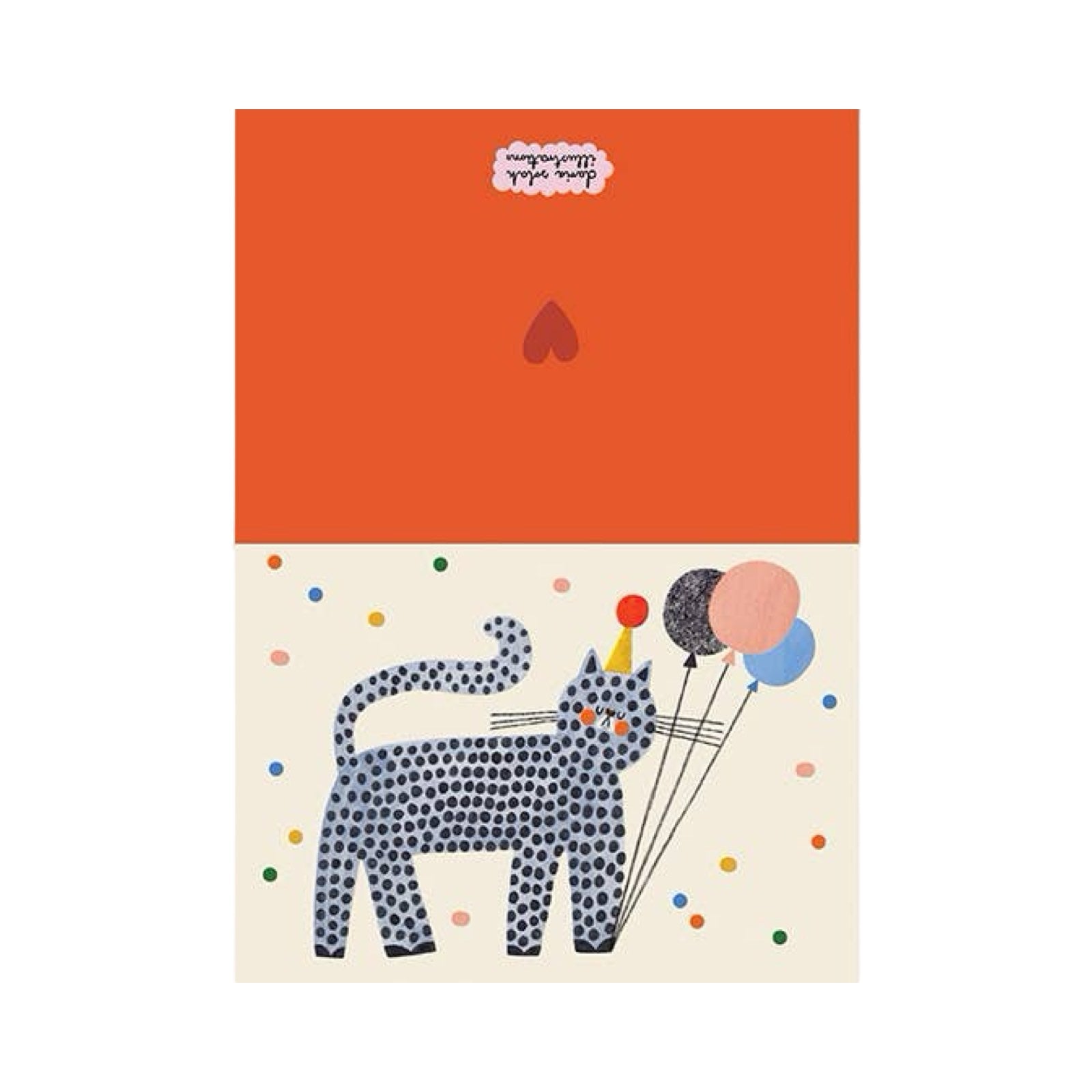 A card for any occasion featuring a grey and black spotty cat wearing a party hat, holding 3 colourful balloons with its paw. 