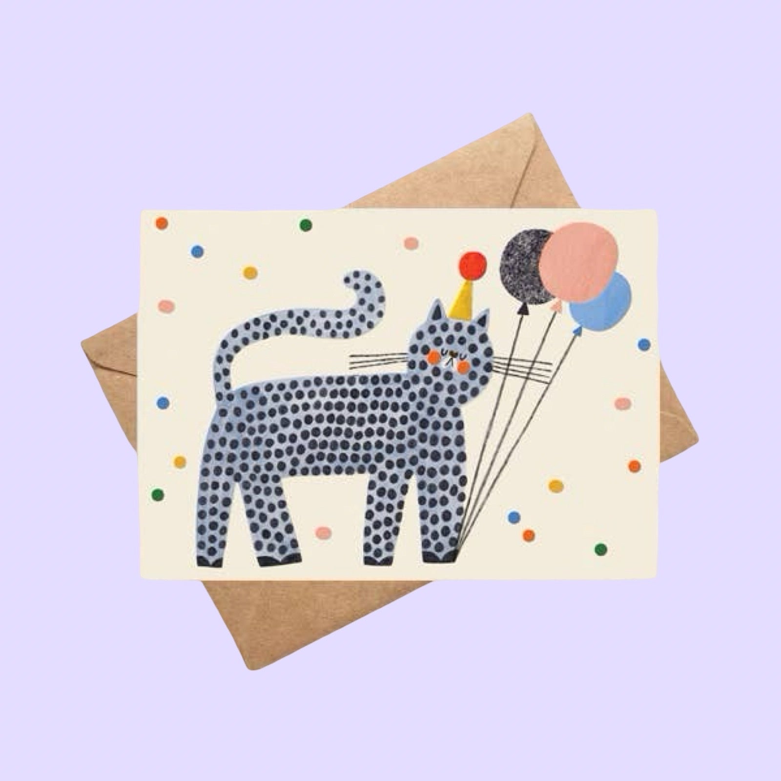 Card with a cat illustration holding balloons on a purple background.