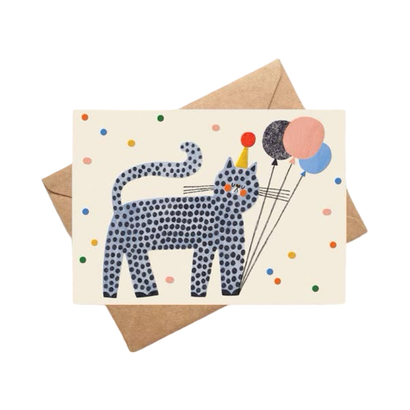 A card for any occasion featuring a grey and black spotty cat wearing a party hat, holding 3 colourful balloons with its paw. 