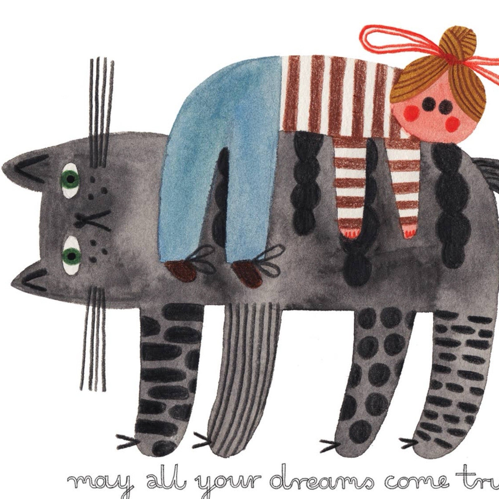 Illustration of a cat with a child on its back, wearing a striped sweater and blue pants.