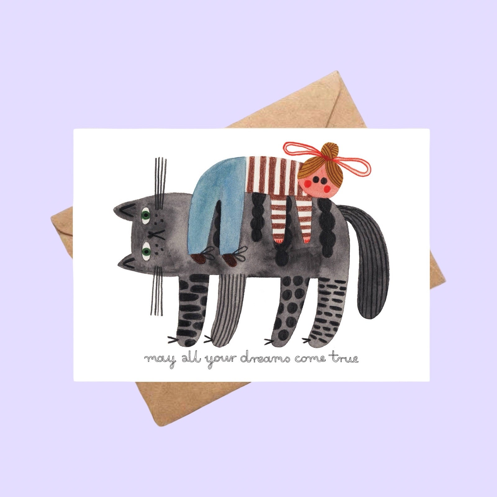 Greeting card with illustration of a cat and child on a purple background.