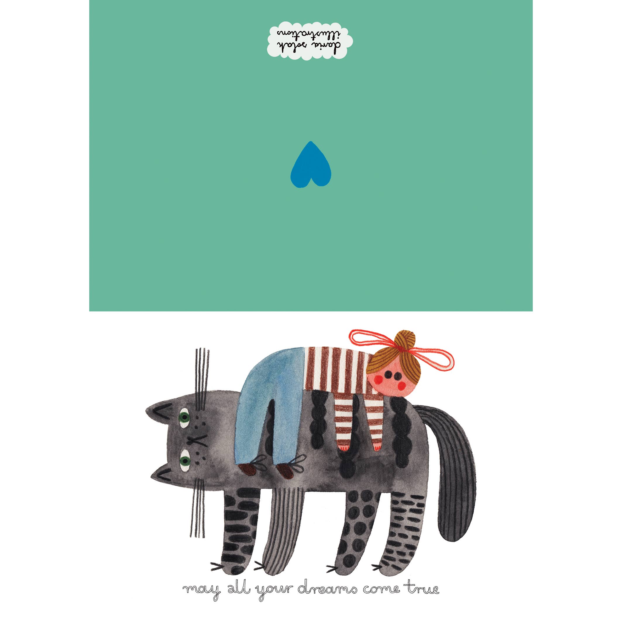 Illustration of a cat with a child on its back, and a green back of card with a blue heart.