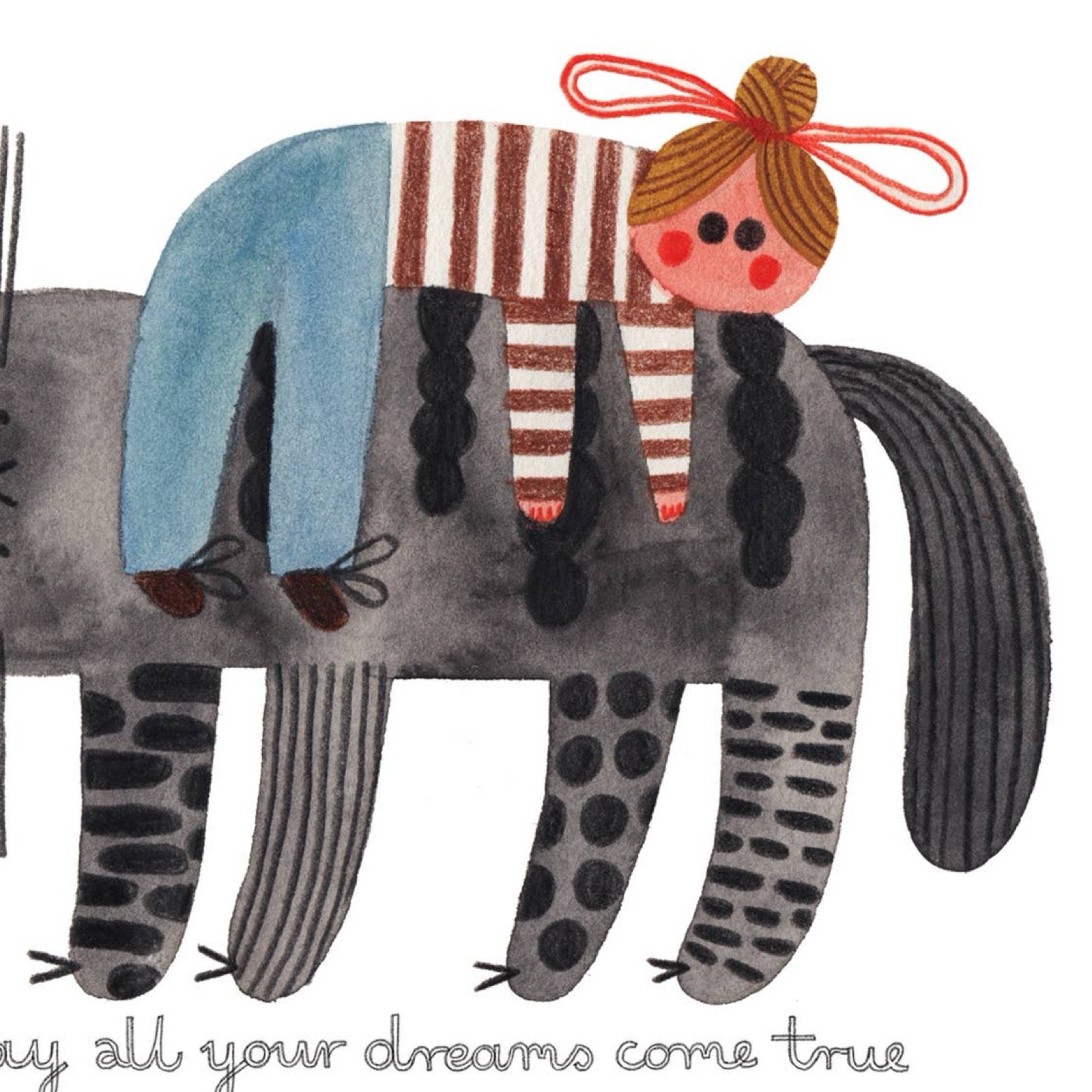 Illustration of a child riding on an elephant with text 'May all your dreams come true'.