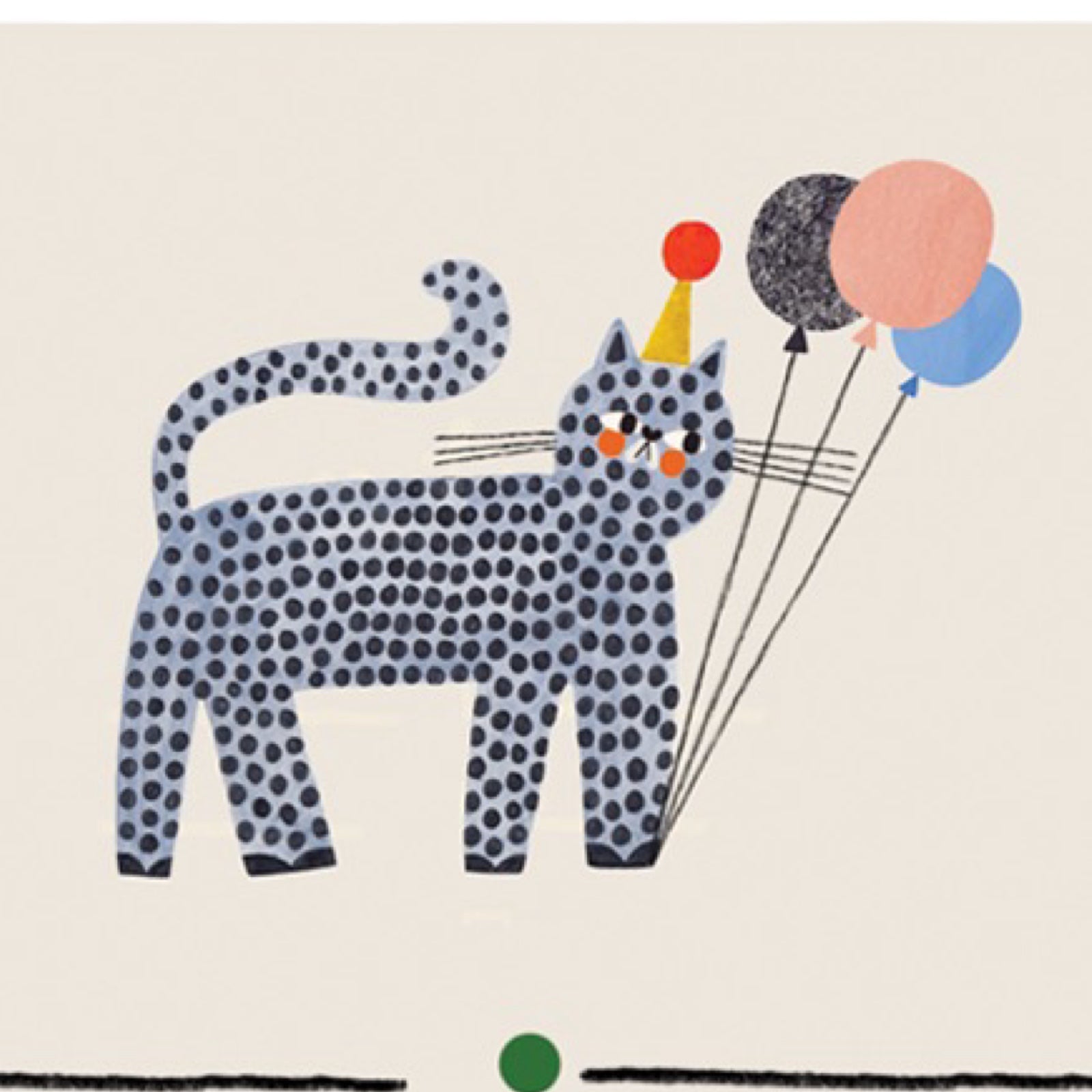 Illustration of a spotted cat with party hats and balloons on a beige background.