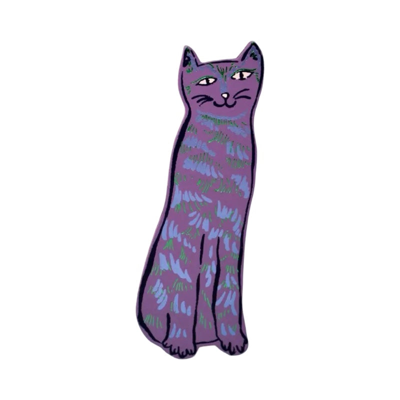 A cat-shaped leather bookmark in lilac with black facial details and silver and lilac fur