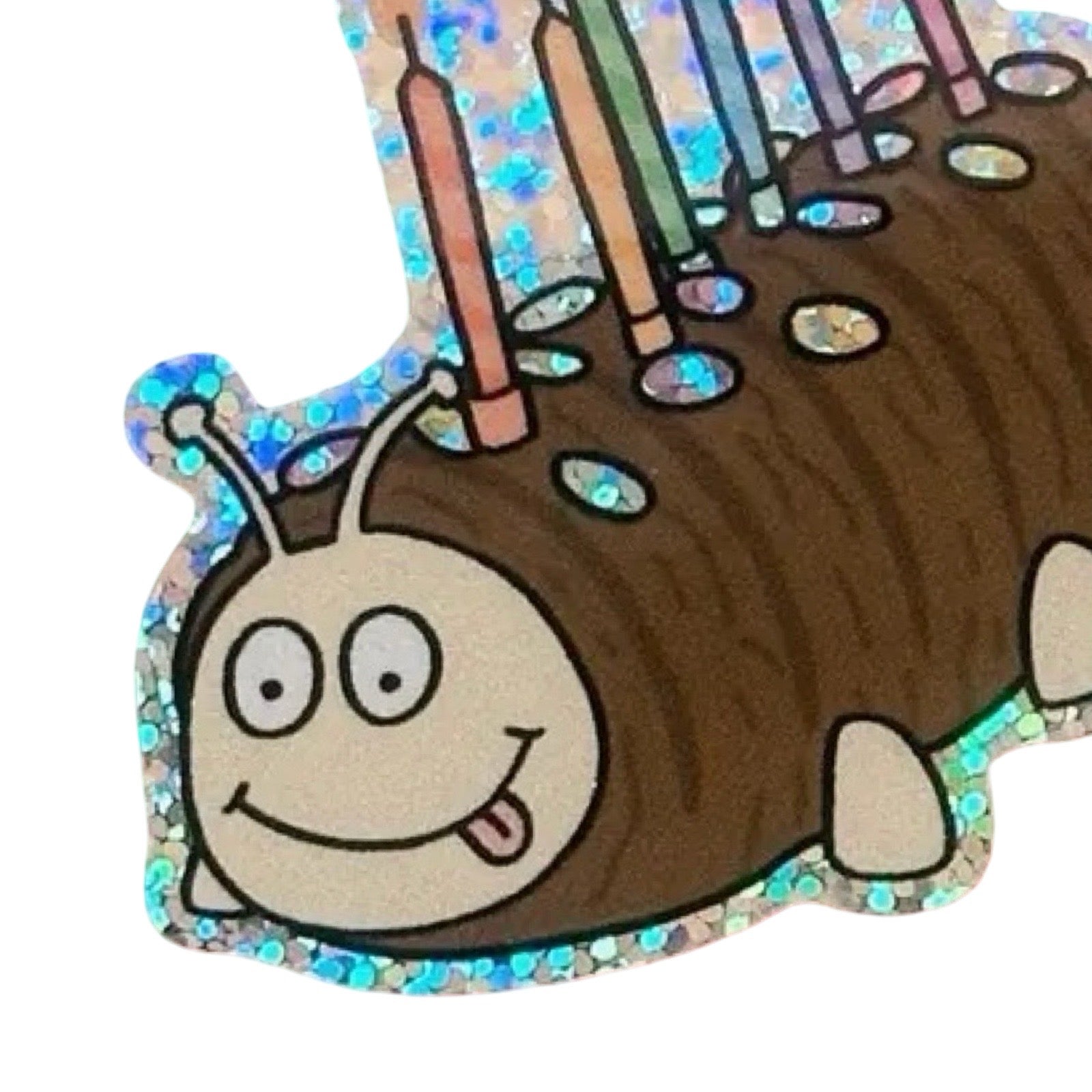 Cartoon caterpillar with sparkly border on a white background.
