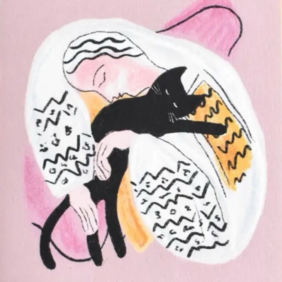 Cat hug A6 card featuring an illustration based on the Henri Matisse painting 'The Dream'. 