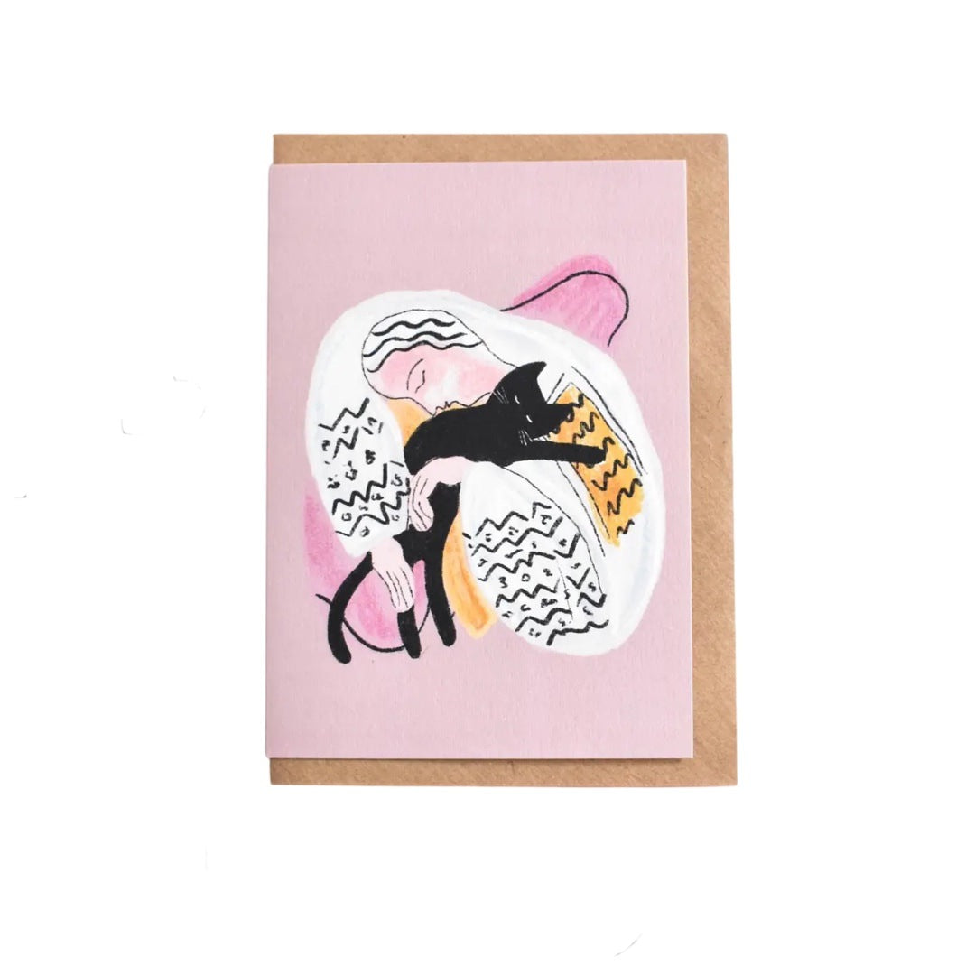 Cat hug A6 card featuring an illustration based on the Henri Matisse painting 'The Dream'. 