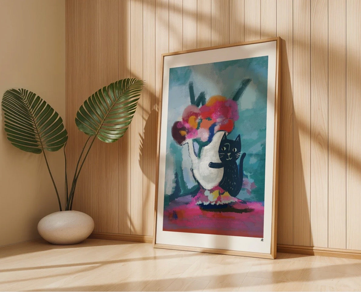 Framed colorful painting of a cat with flowers on a wooden wall.