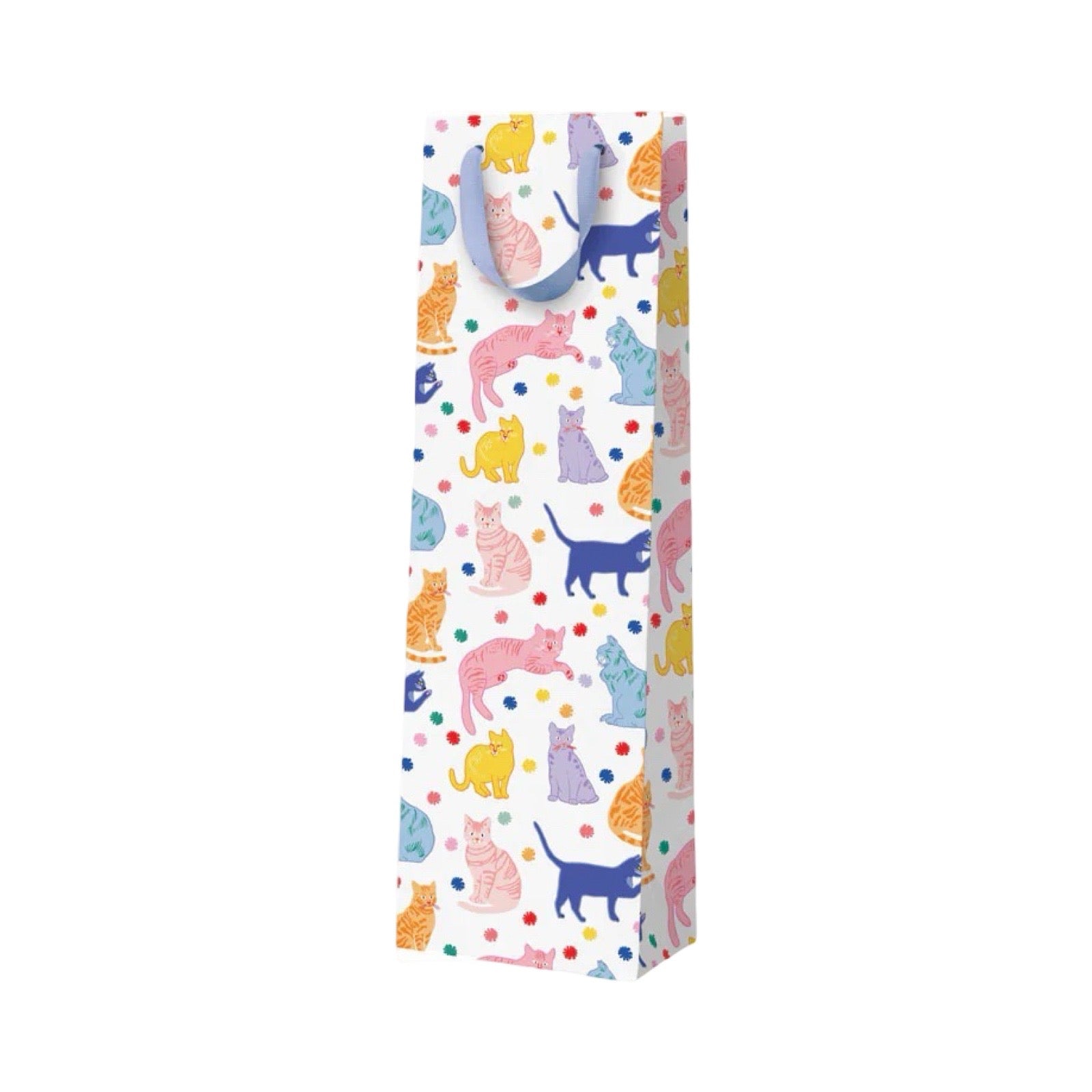 A tall white gift bag with a colorful pattern of cartoon cats in blue, pink, yellow, and purple, decorated with small multicolored polka dots and featuring blue handles, shown on a plain white background.