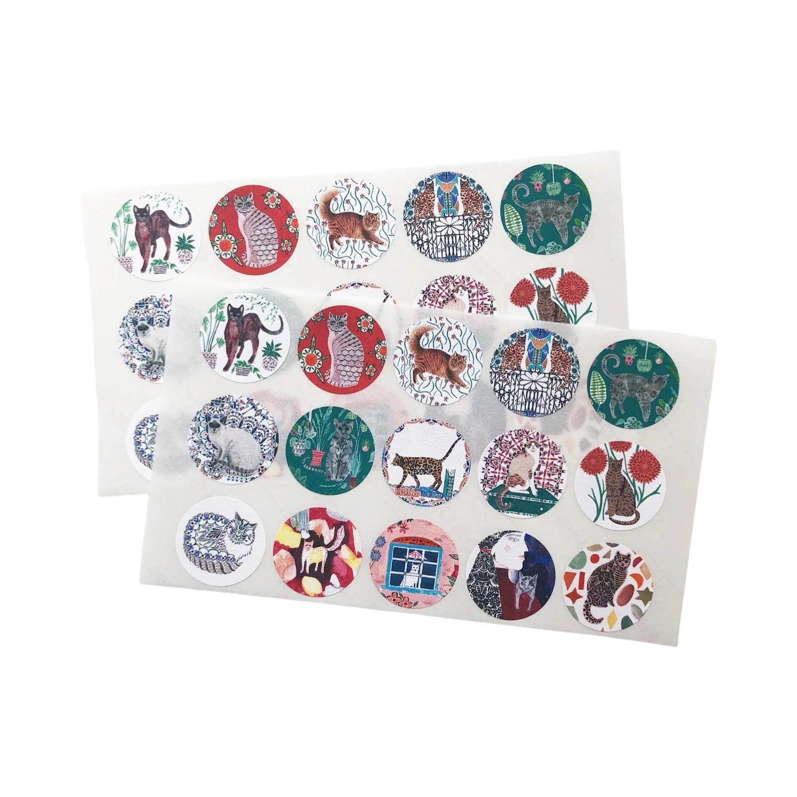 Two sheets of circular stickers with various designs on a white background.