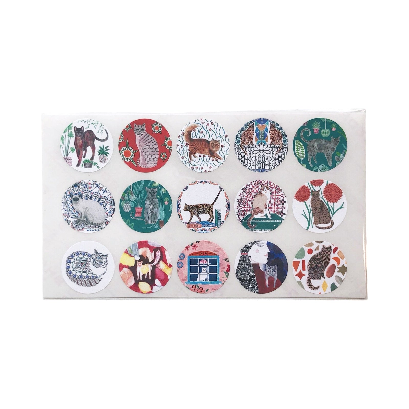 Set of circular stickers with various designs on a white background.