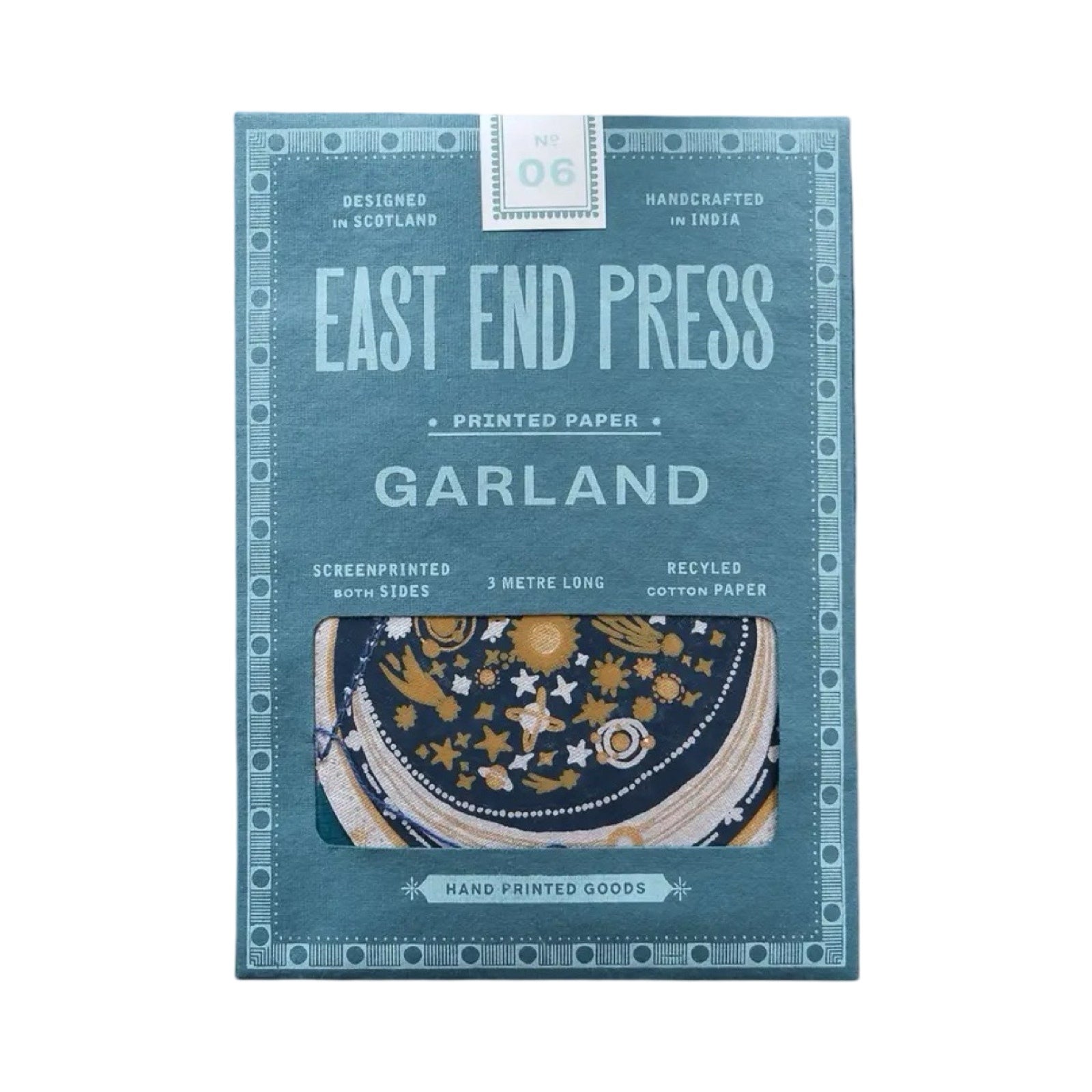 Teal green paper packet containing a celestial paper garland.