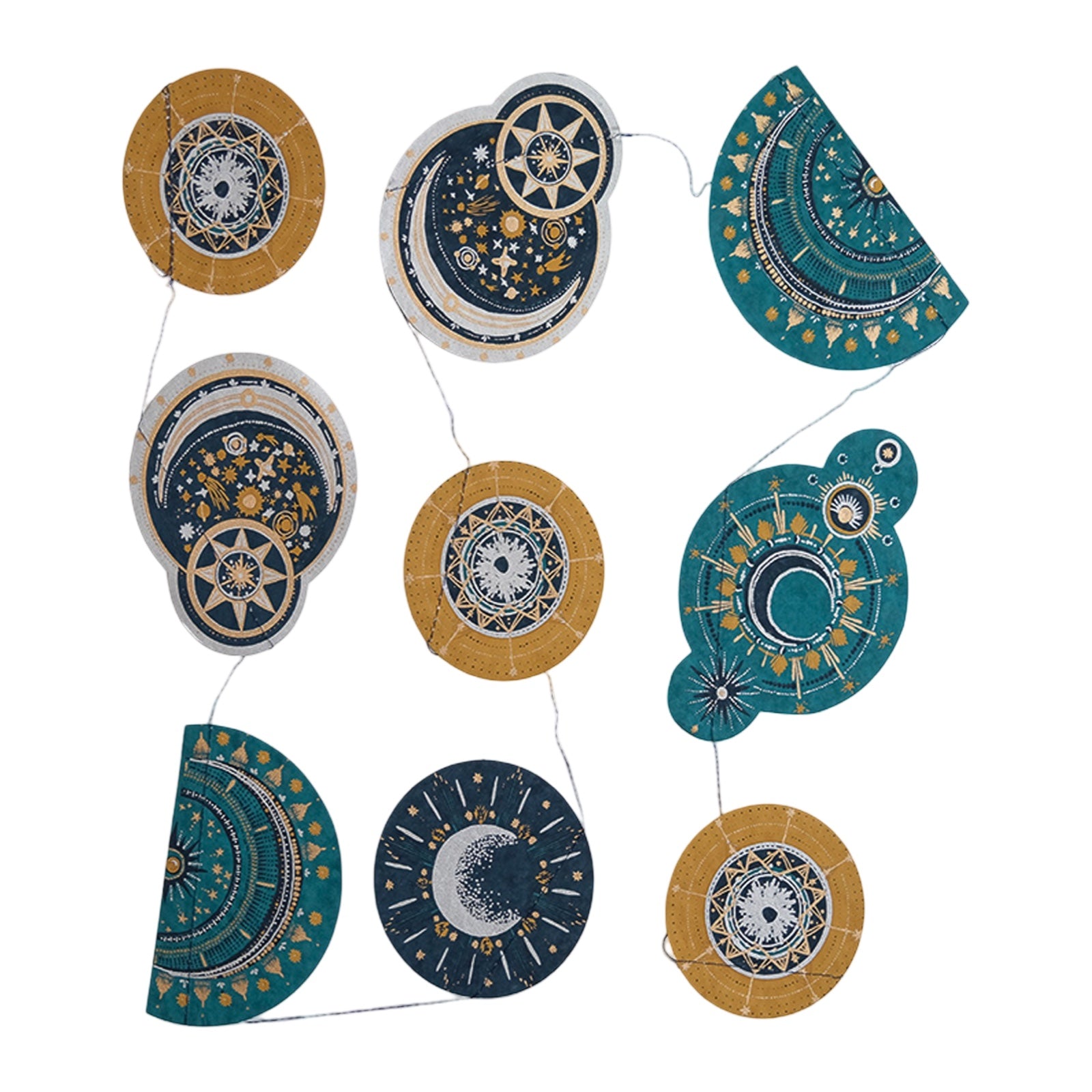 A celestial paper garland with nine screen-printed paper stars and moons in teal, navy, gold and silver designs.