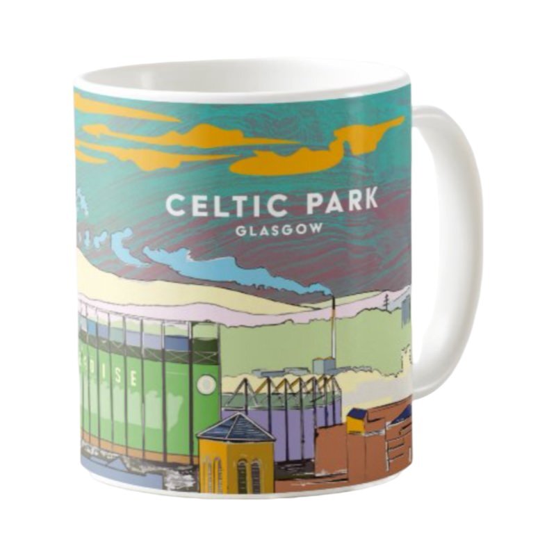 This mug features a panoramic artwork of Celtic Park, the home of Celtic Football Club in Glasgow.