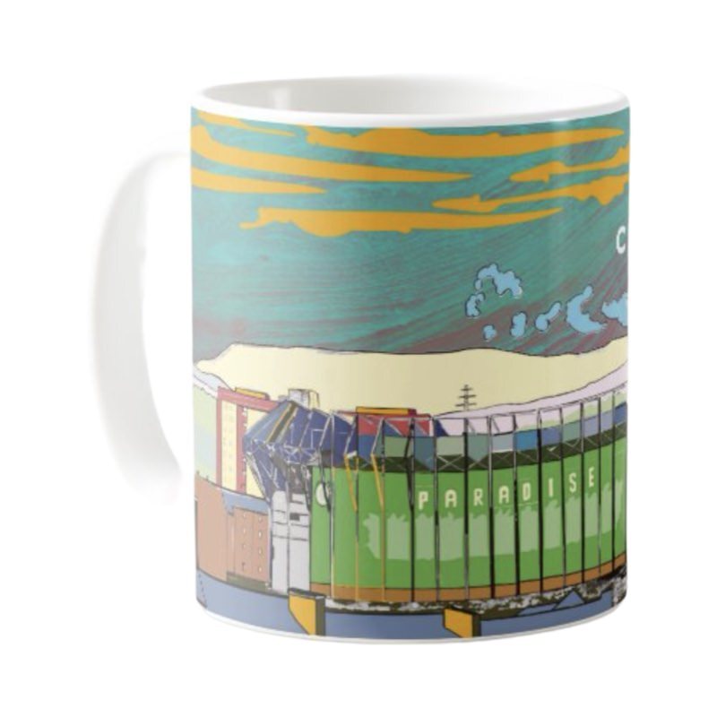 This mug features a panoramic artwork of Celtic Park, the home of Celtic Football Club in Glasgow.