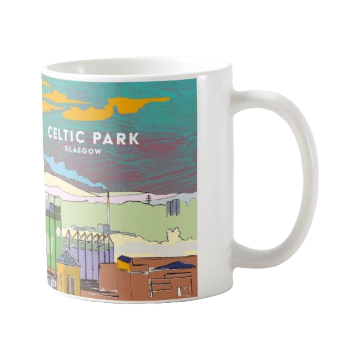 This mug features a panoramic artwork of Celtic Park, the home of Celtic Football Club in Glasgow.