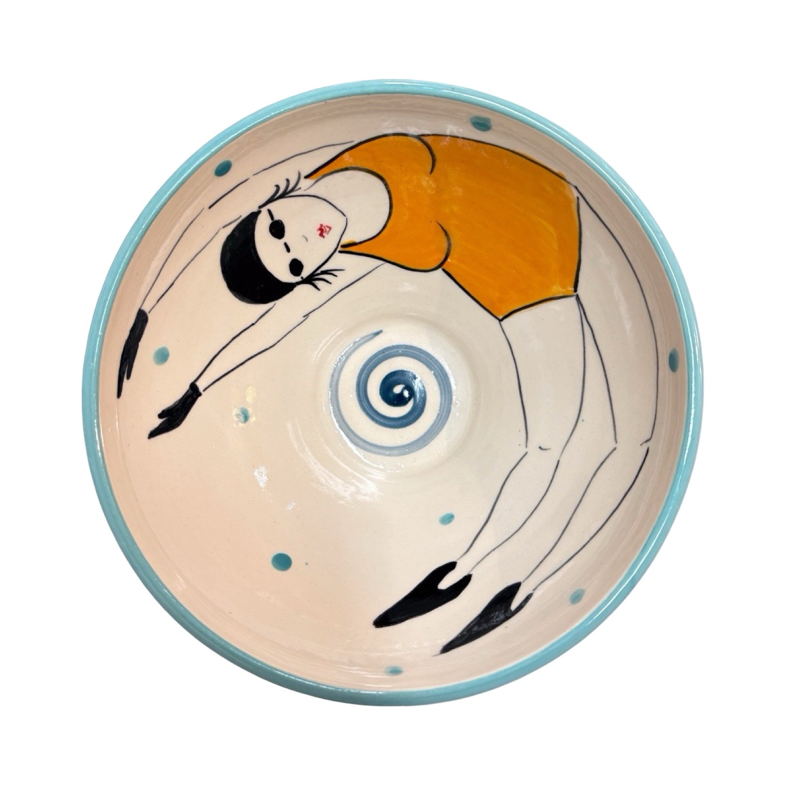A cream ceramic cereal bowl with a female wild swimmer wearing a yellow swimsuit and a black swim cap.