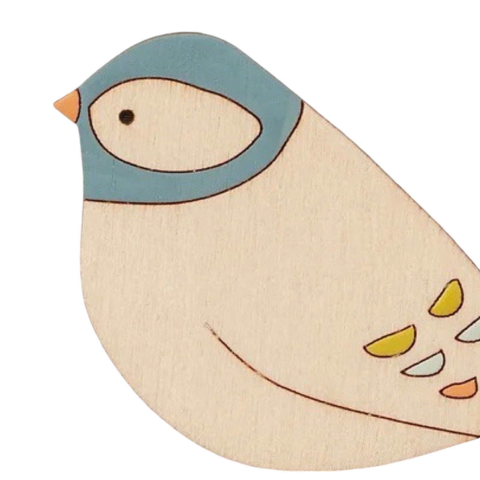 Wooden bird brooch with a blue head and colourful details on a white background.