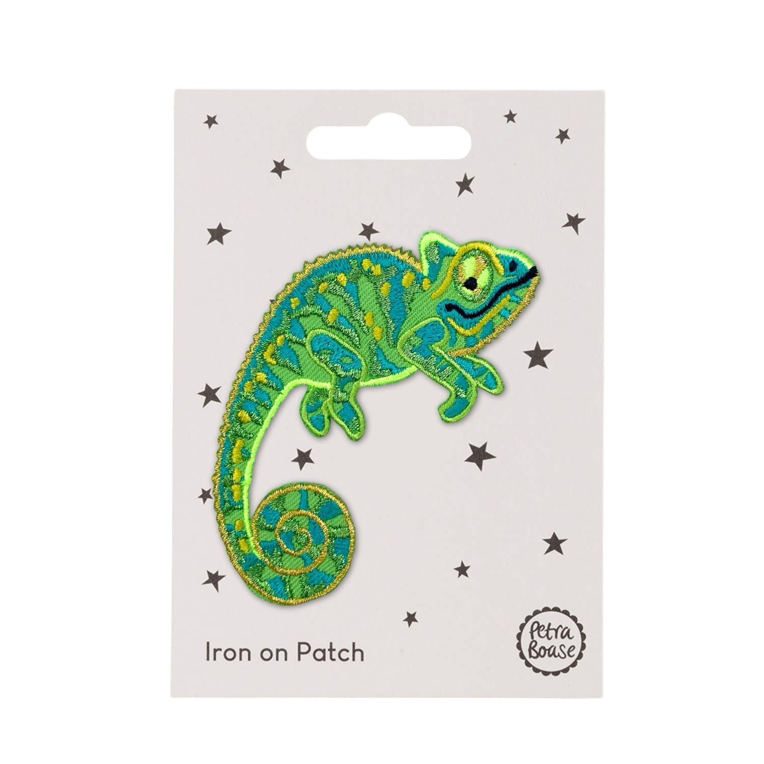 An embroidered chameleon-shaped fabric patch in green and yellow with gold detail.